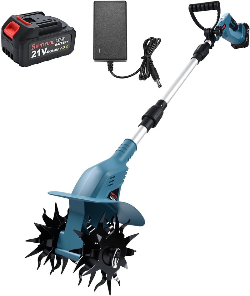 SHINTYOOL 21v Cordless Tiller, 8-Inch Wide 4.0 Ah Battery Powered Garden Cultivator, Cultivator with Steel Tines and Battery Capacity Display, Rototiller for Lawn/Gardening/Soil Cultivation (Blue) by - Image 1